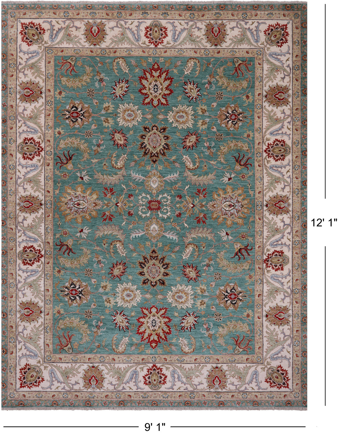 Green Persian Tabriz Handmade Wool Rug - 9' 1" X 12' 1"