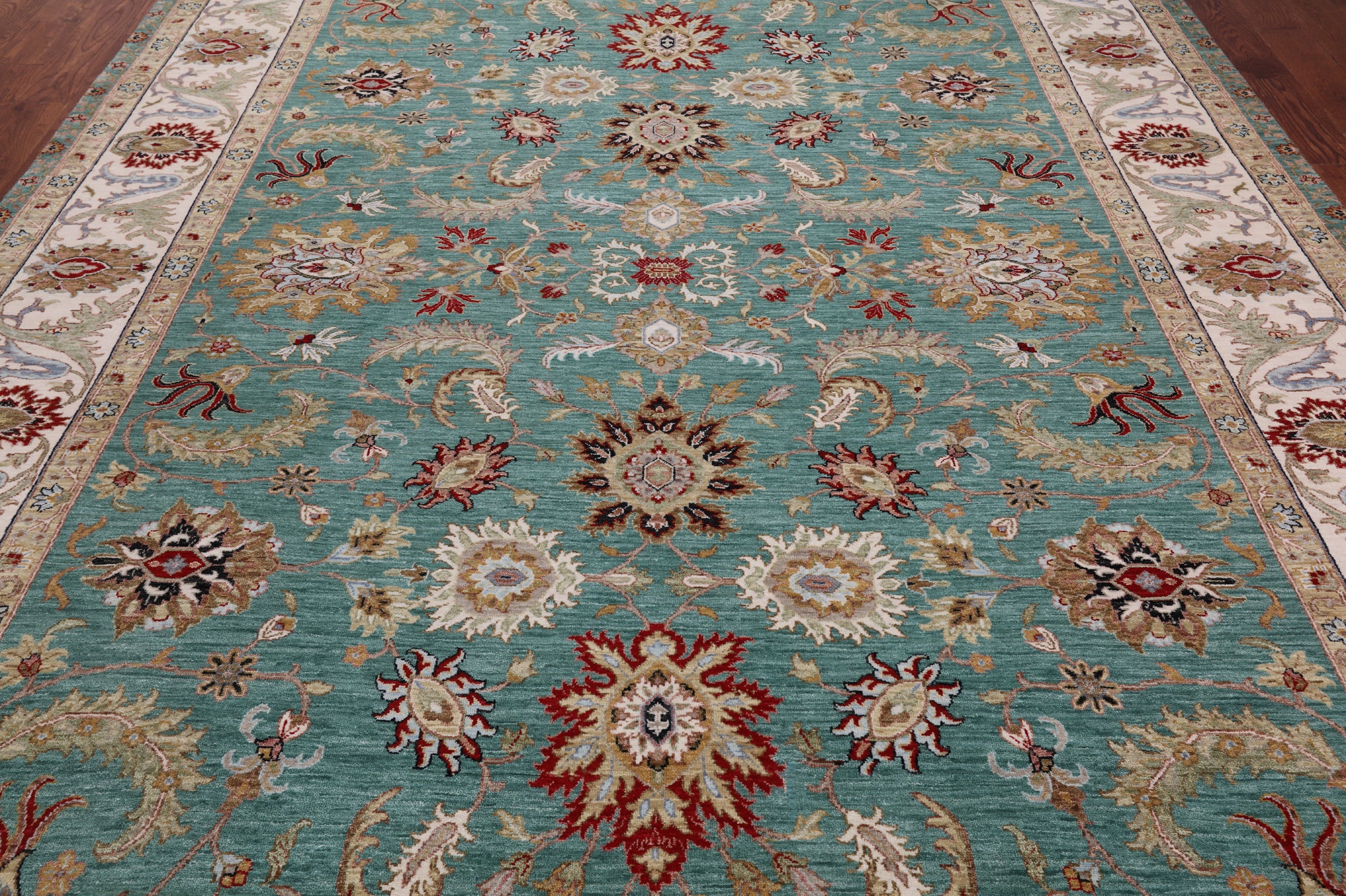 Green Persian Tabriz Handmade Wool Rug - 9' 1" X 12' 1"
