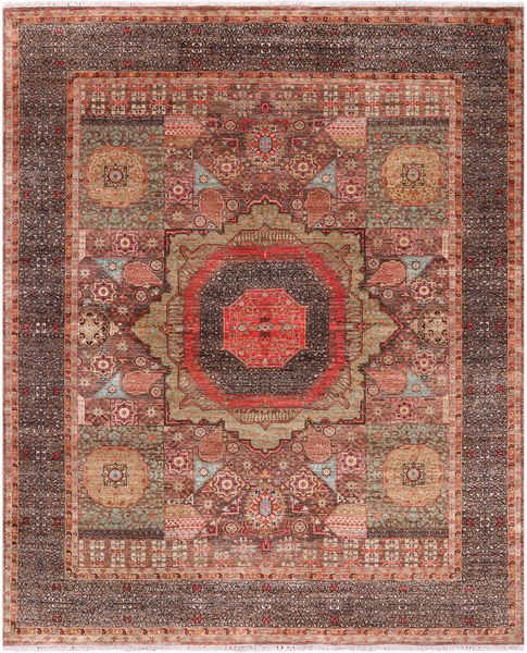 Brown Geometric Persian Mamluk Hand Knotted Wool Rug - 8' 2" X 10' 1"