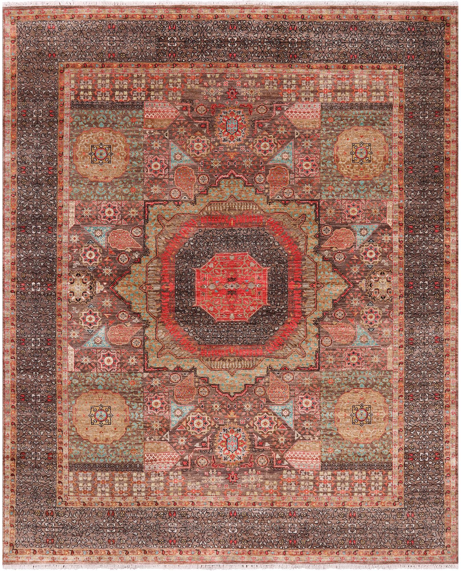 Brown Geometric Persian Mamluk Hand Knotted Wool Rug - 8' 2" X 10' 1"