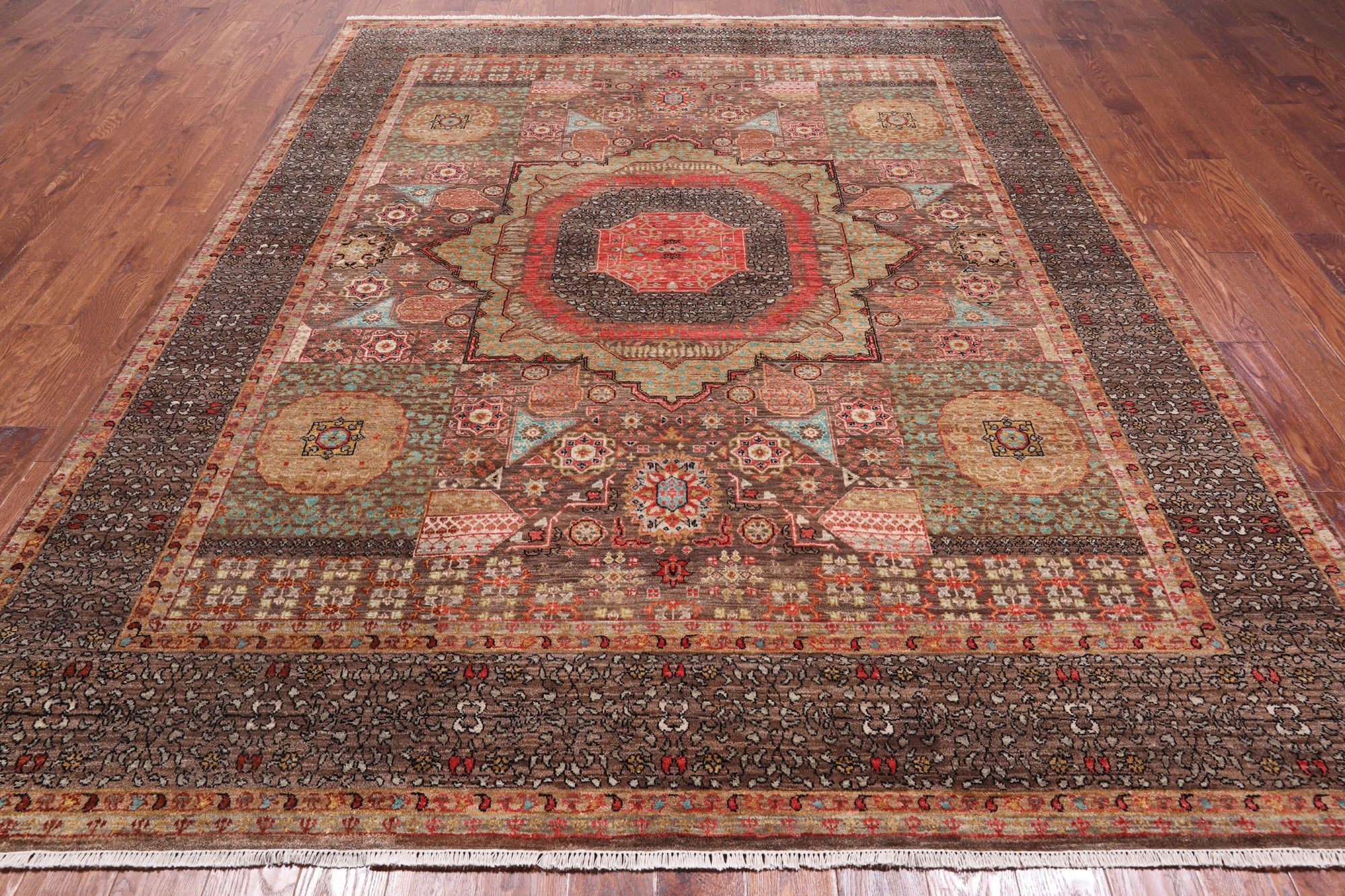 Brown Geometric Persian Mamluk Hand Knotted Wool Rug - 8' 2" X 10' 1"