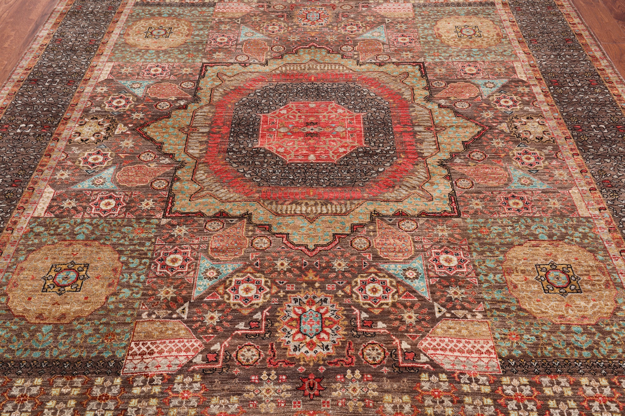 Brown Geometric Persian Mamluk Hand Knotted Wool Rug - 8' 2" X 10' 1"
