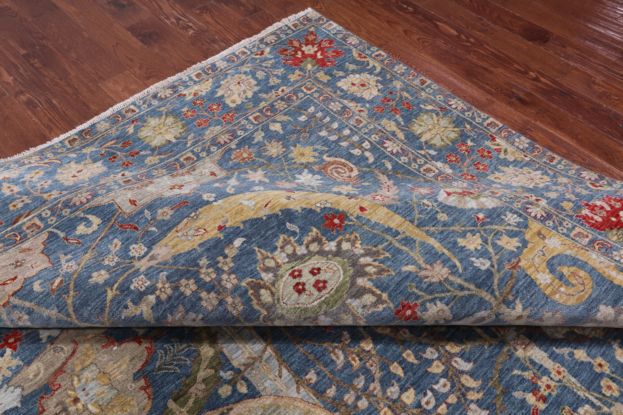 Blue Persian Sickle Leaf Hand Knotted Wool Rug - 10' 1" X 14' 1"
