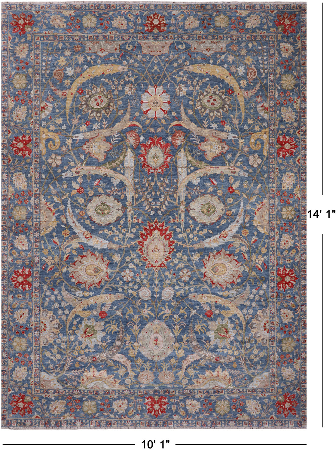 Blue Persian Sickle Leaf Hand Knotted Wool Rug - 10' 1" X 14' 1"