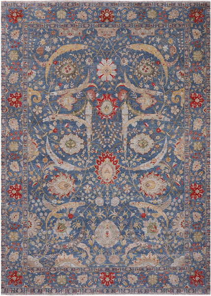 Blue Persian Sickle Leaf Hand Knotted Wool Rug - 10' 1" X 14' 1"