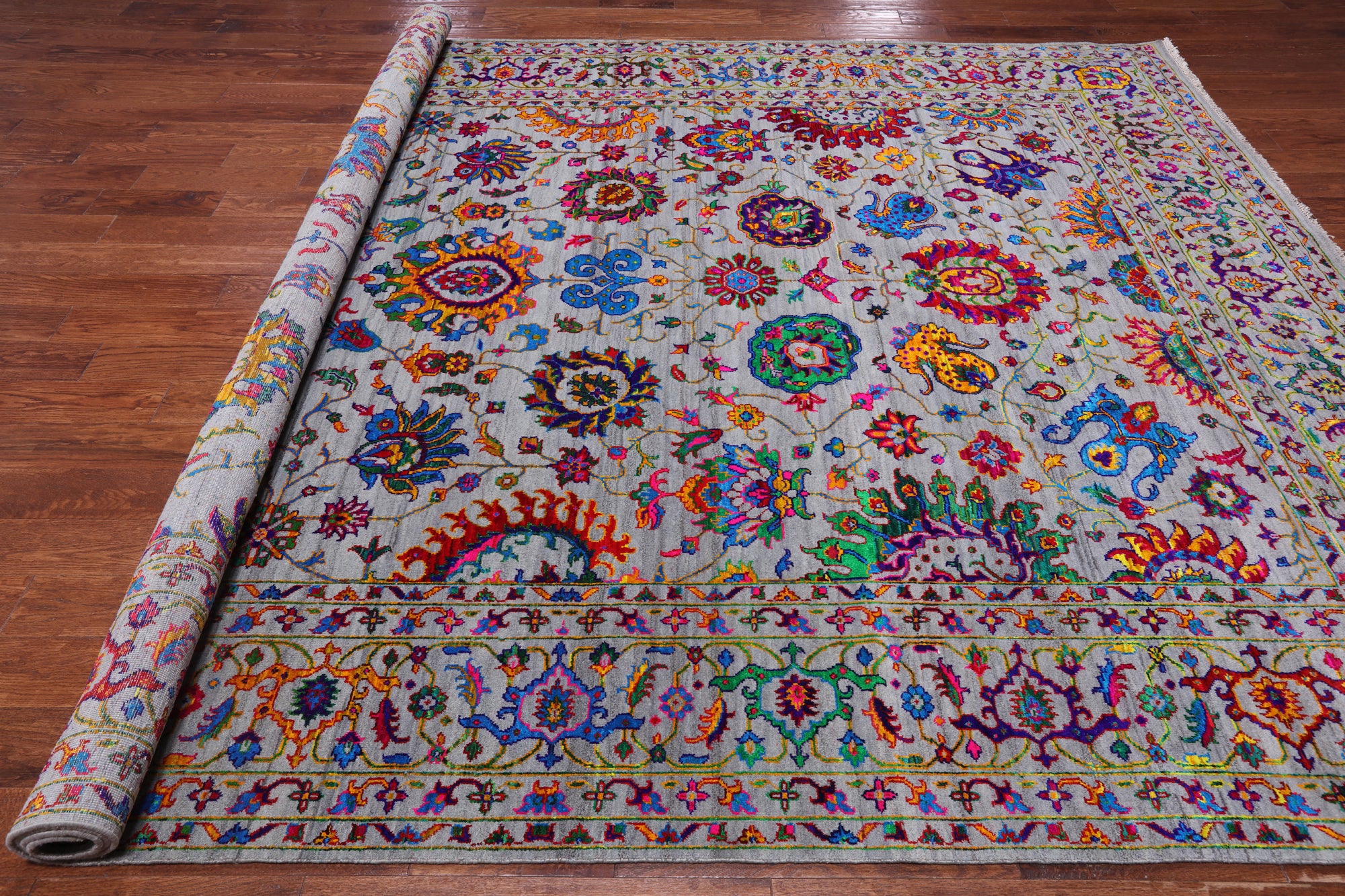 Grey Persian Tabriz Hand Knotted Wool & Silk Rug - 9' 0" X 12' 0"