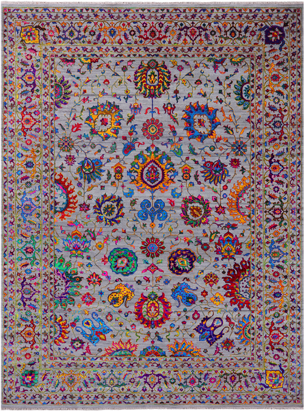 Grey Persian Tabriz Hand Knotted Wool & Silk Rug - 9' 0" X 12' 0"