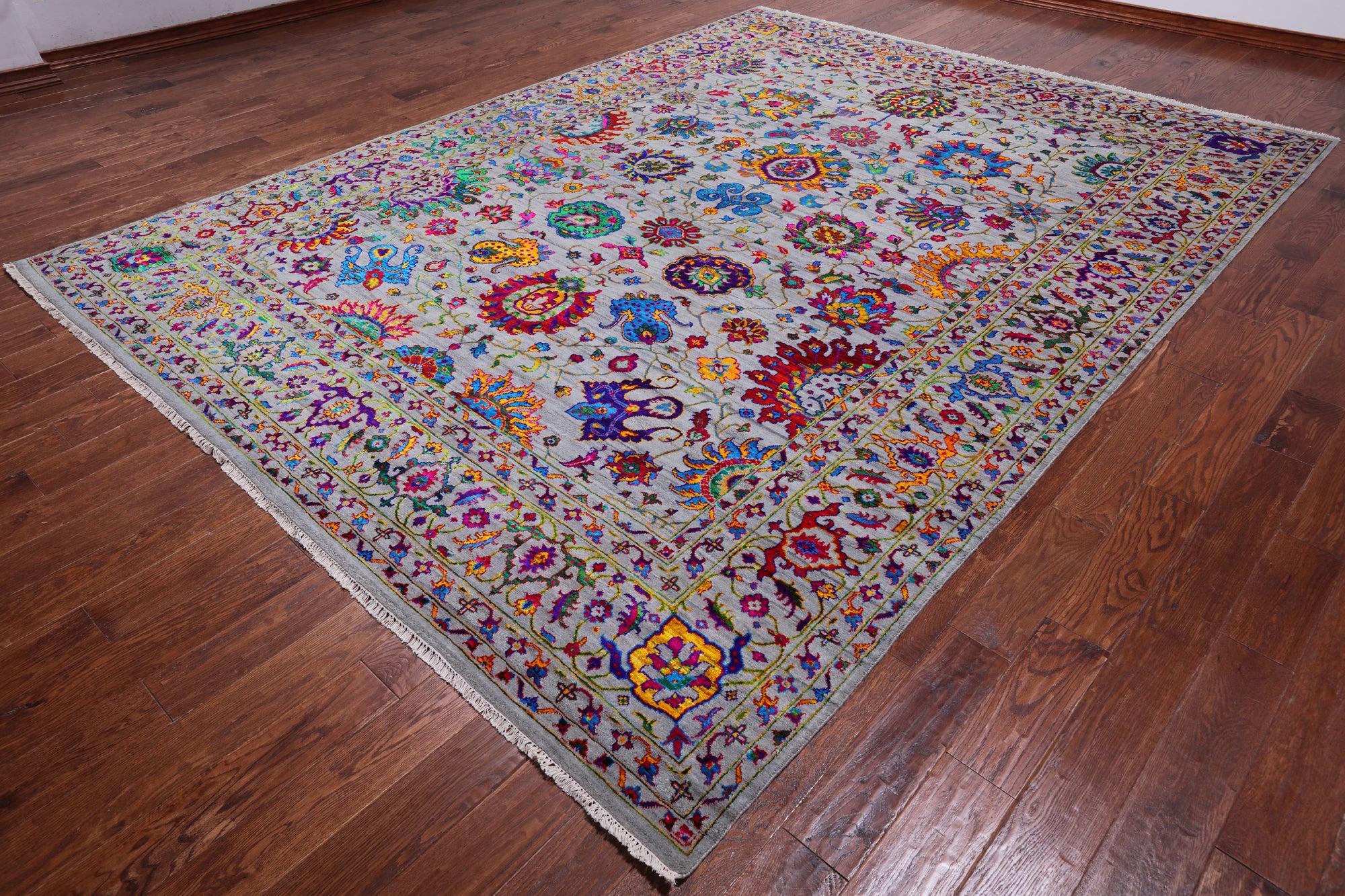 Grey Persian Tabriz Hand Knotted Wool & Silk Rug - 9' 0" X 12' 0"