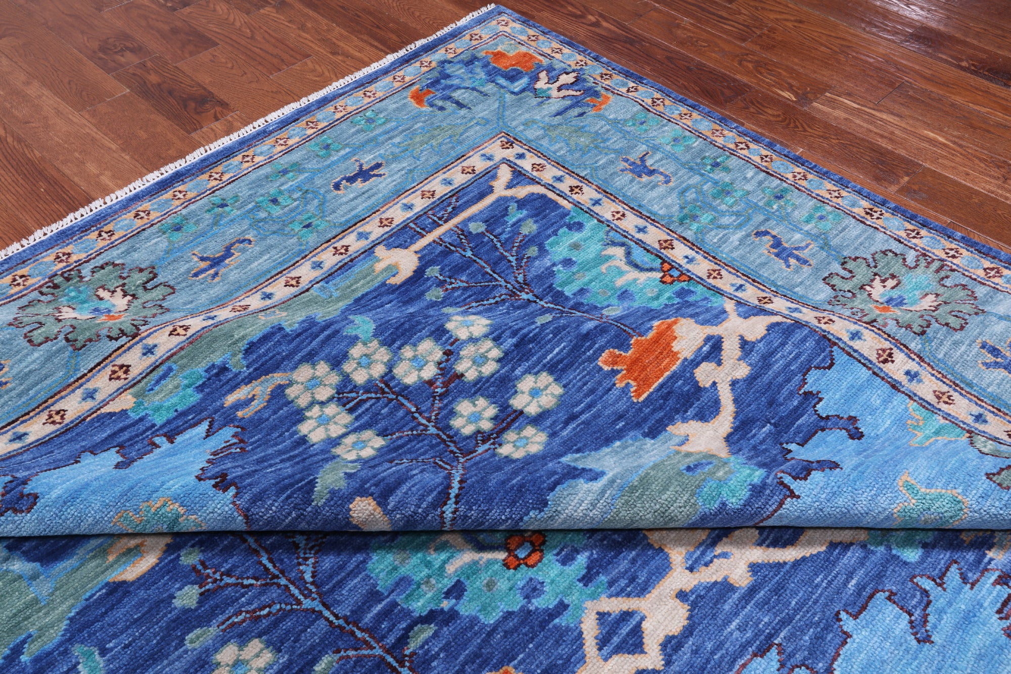 Blue Square Turkish Oushak Handmade Wool Rug - 11' 1" X 11' 1"