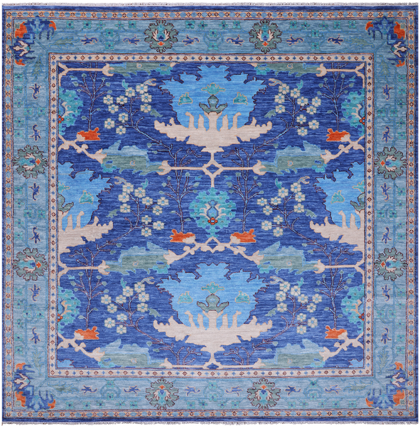 Blue Square Turkish Oushak Handmade Wool Rug - 11' 1" X 11' 1"