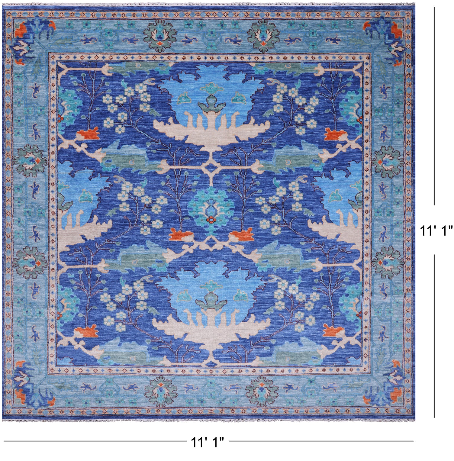 Blue Square Turkish Oushak Handmade Wool Rug - 11' 1" X 11' 1"