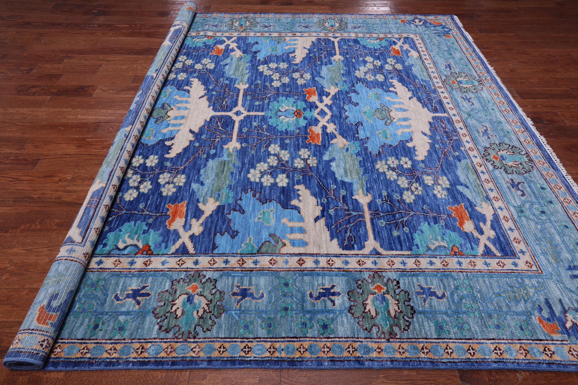 Blue Square Turkish Oushak Hand Knotted Wool Rug - 9' 1" X 9' 1"