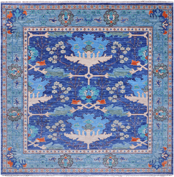 Blue Square Turkish Oushak Hand Knotted Wool Rug - 9' 1" X 9' 1"