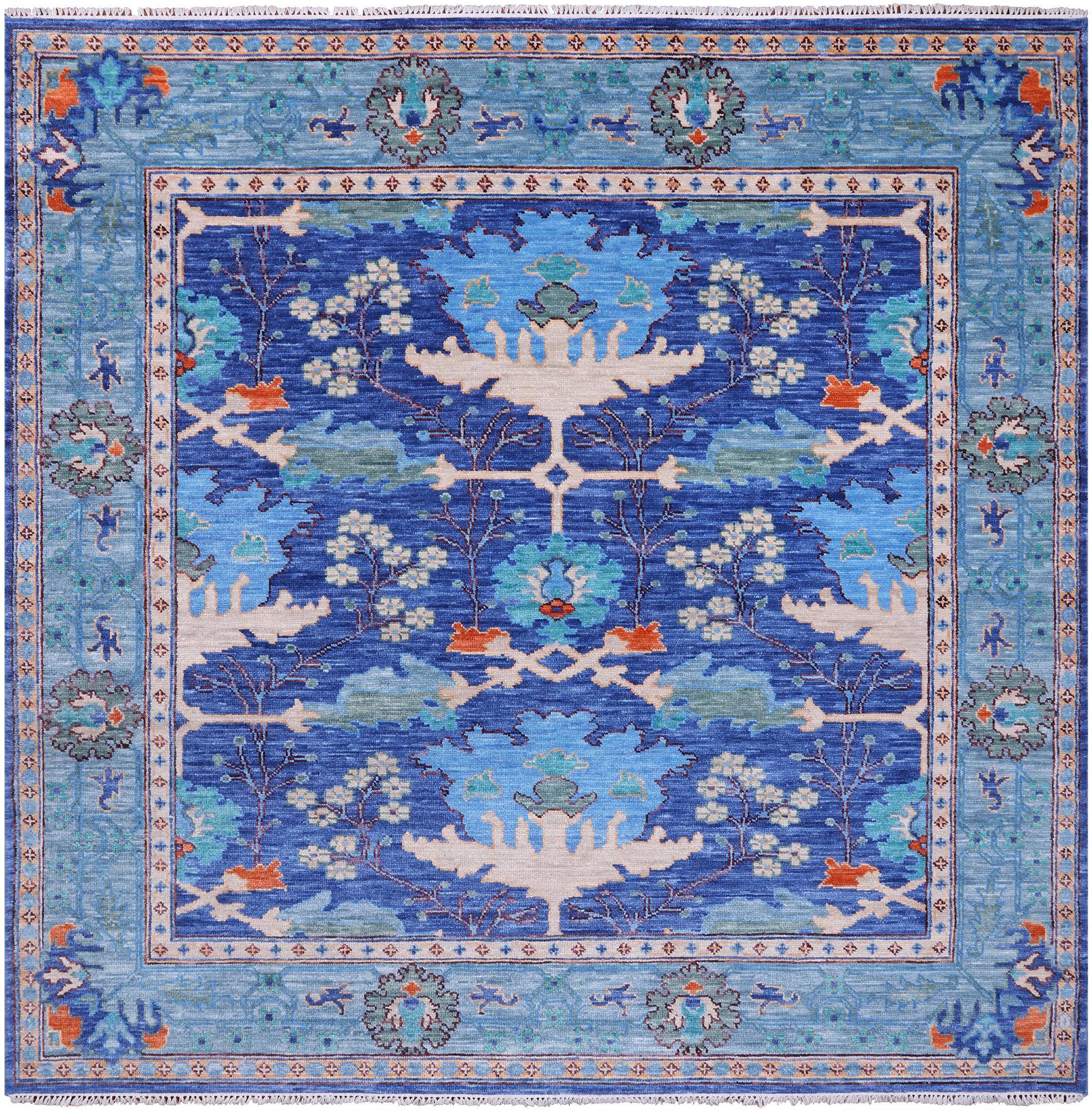 Blue Square Turkish Oushak Hand Knotted Wool Rug - 9' 1" X 9' 1"