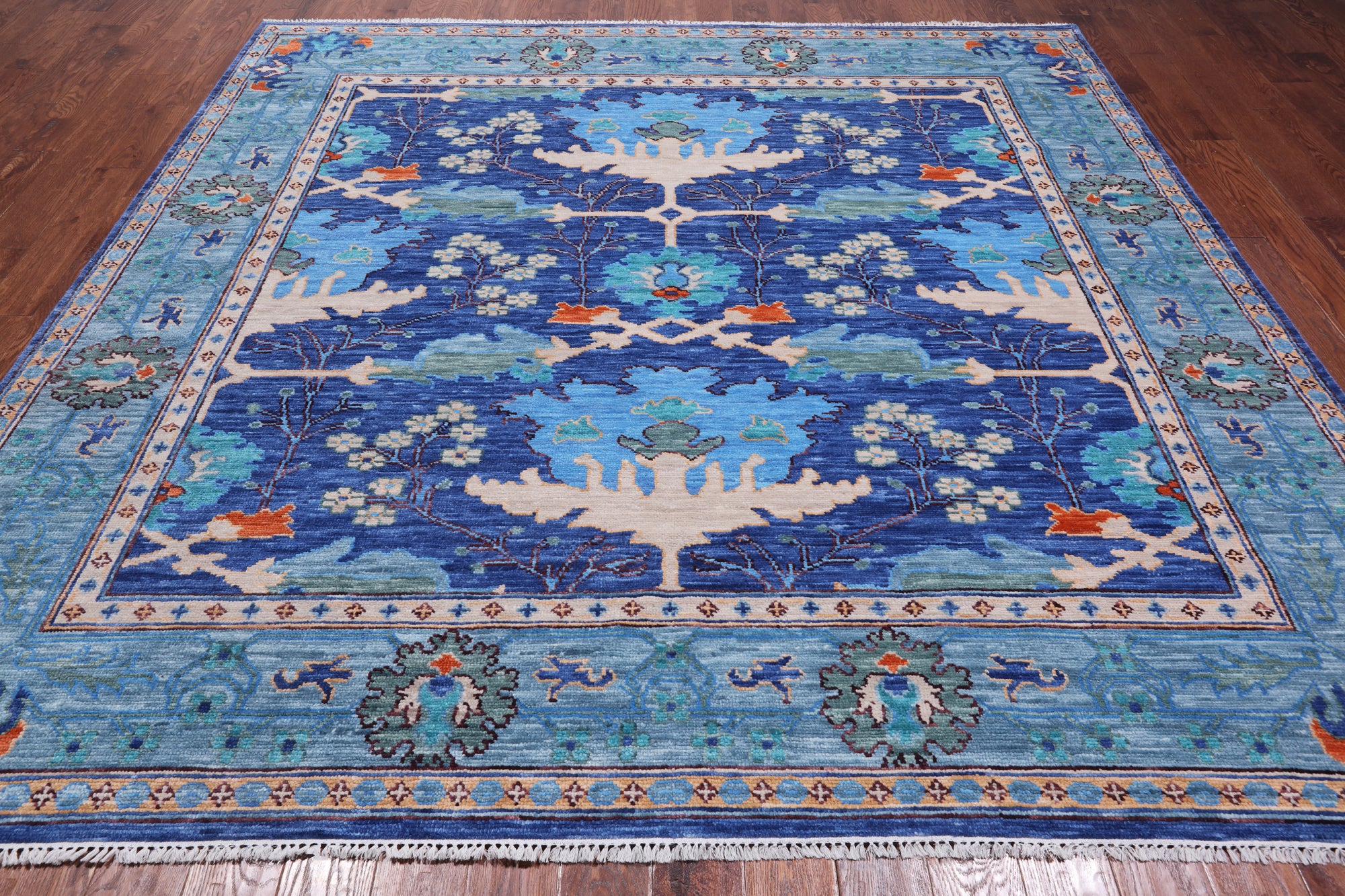 Blue Square Turkish Oushak Hand Knotted Wool Rug - 9' 1" X 9' 1"
