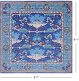 Blue Square Turkish Oushak Hand Knotted Wool Rug - 9' 1" X 9' 1"