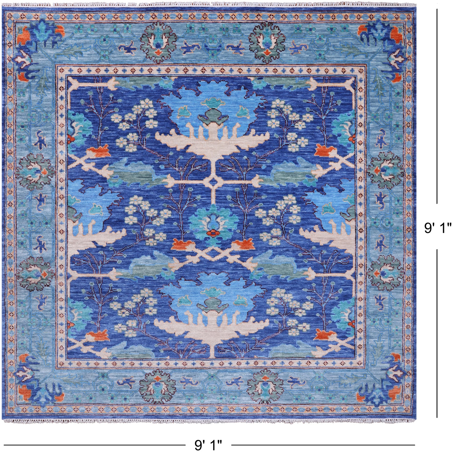 Blue Square Turkish Oushak Hand Knotted Wool Rug - 9' 1" X 9' 1"