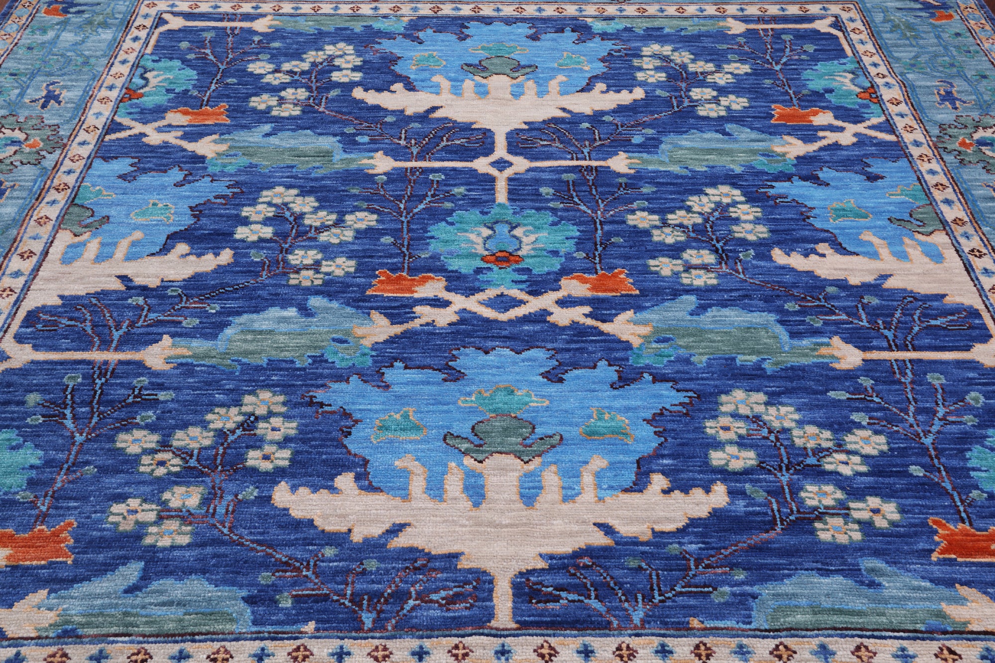 Blue Square Turkish Oushak Hand Knotted Wool Rug - 9' 1" X 9' 1"