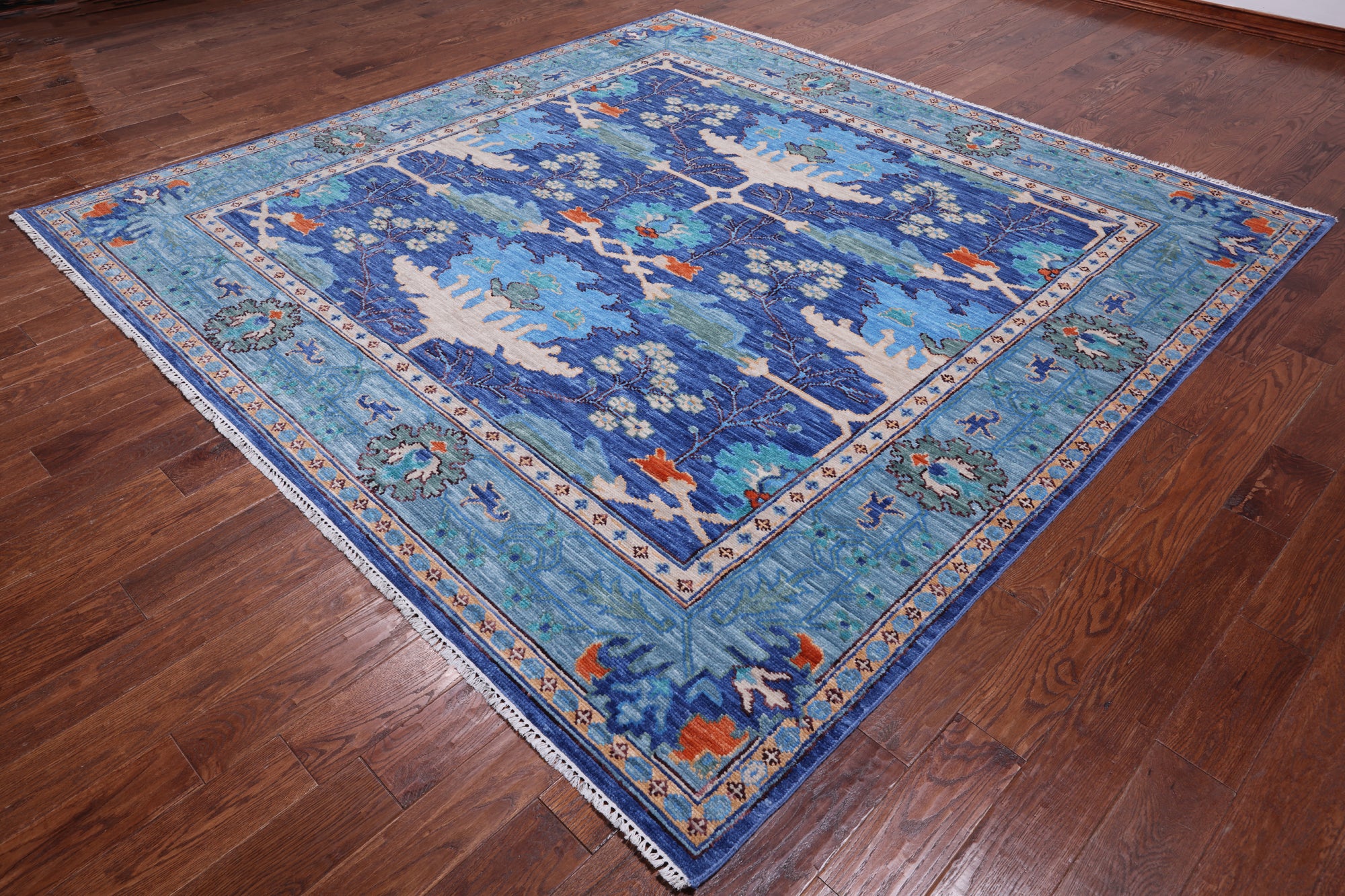 Blue Square Turkish Oushak Hand Knotted Wool Rug - 9' 1" X 9' 1"