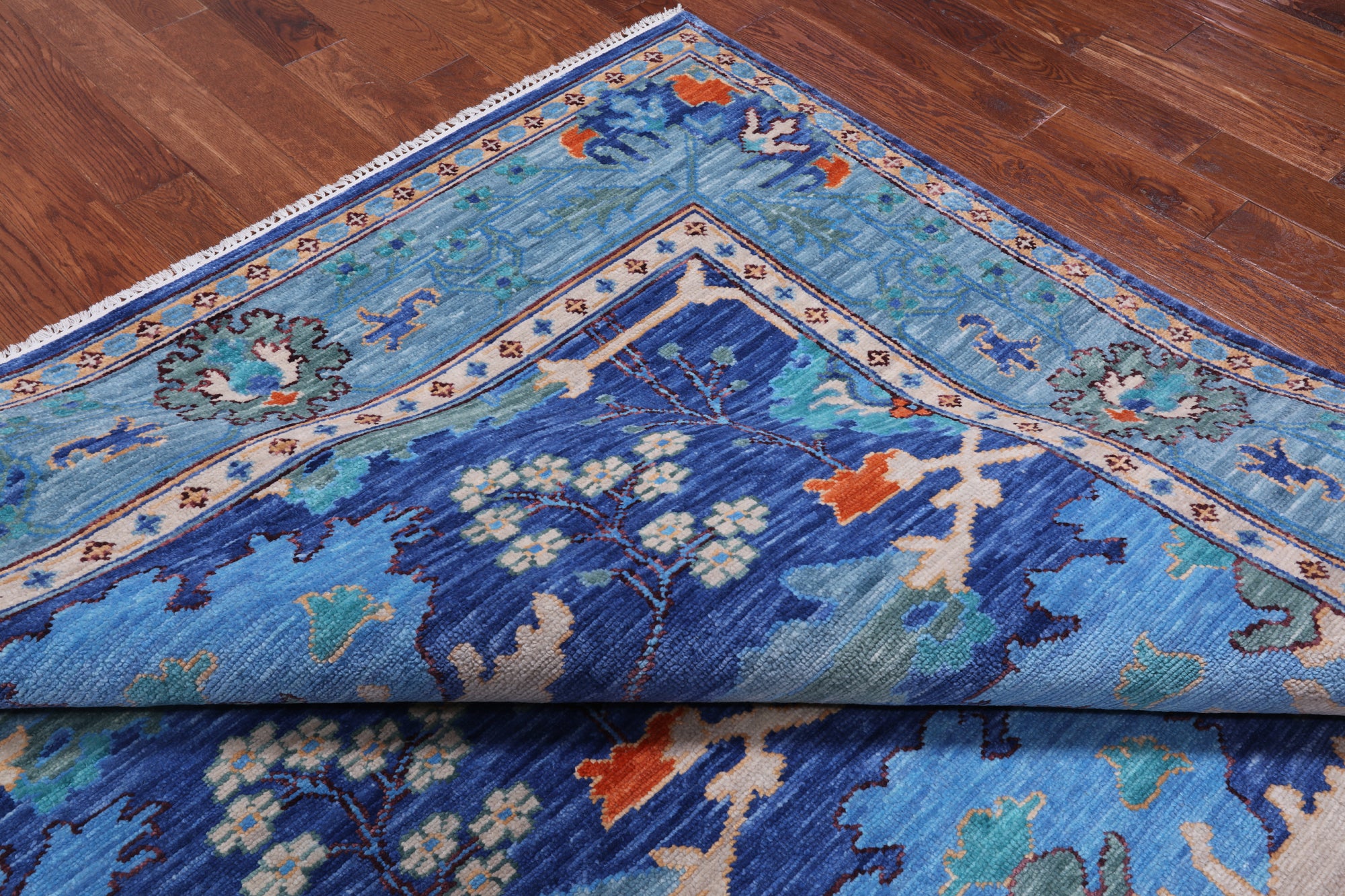 Blue Square Turkish Oushak Hand Knotted Wool Rug - 9' 1" X 9' 1"