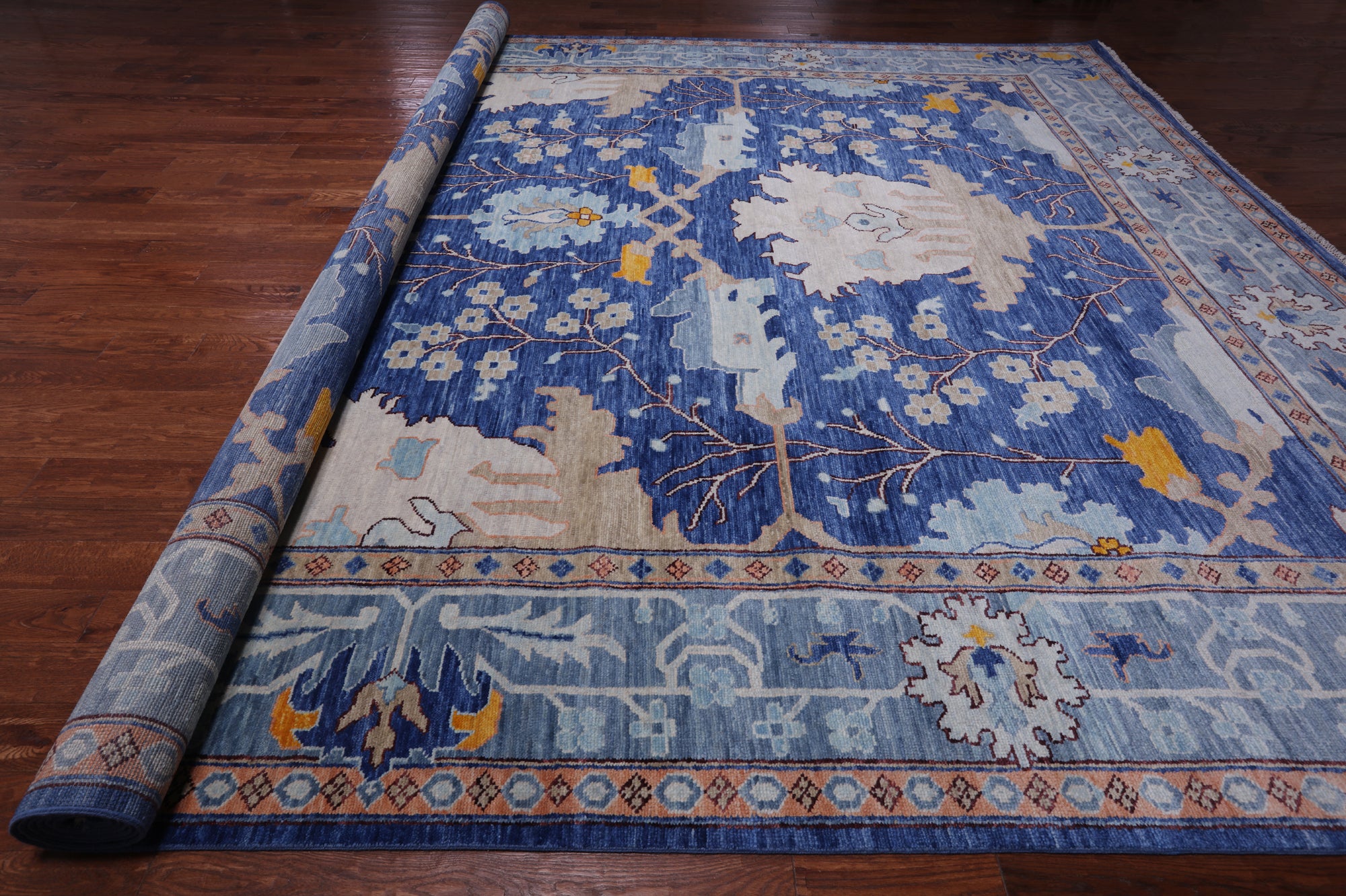 Blue Turkish Oushak Hand Knotted Wool Rug - 13' 4" X 17' 7"