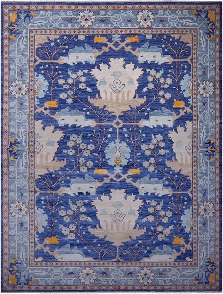 Blue Turkish Oushak Hand Knotted Wool Rug - 13' 4" X 17' 7"