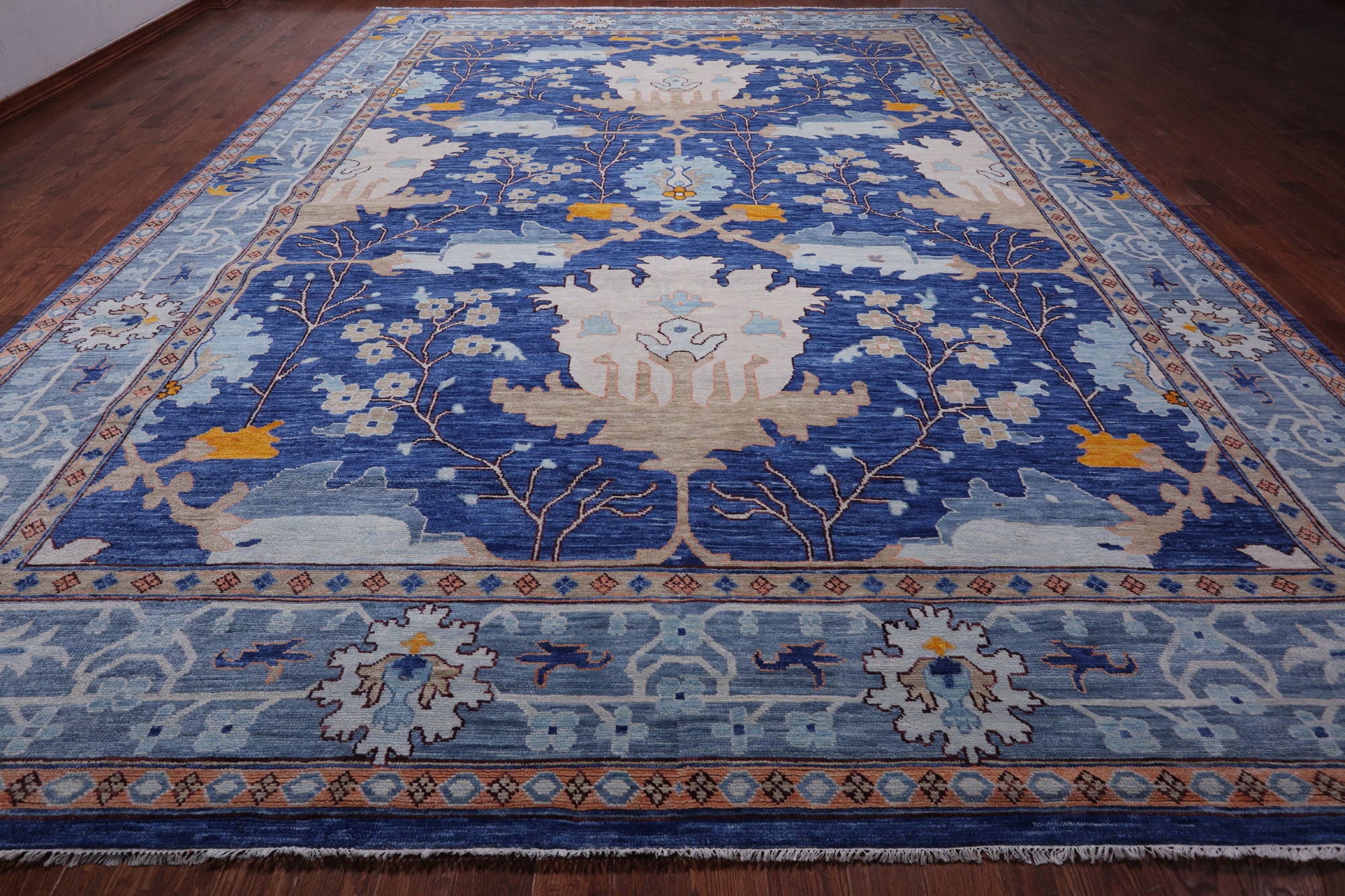 Blue Turkish Oushak Hand Knotted Wool Rug - 13' 4" X 17' 7"