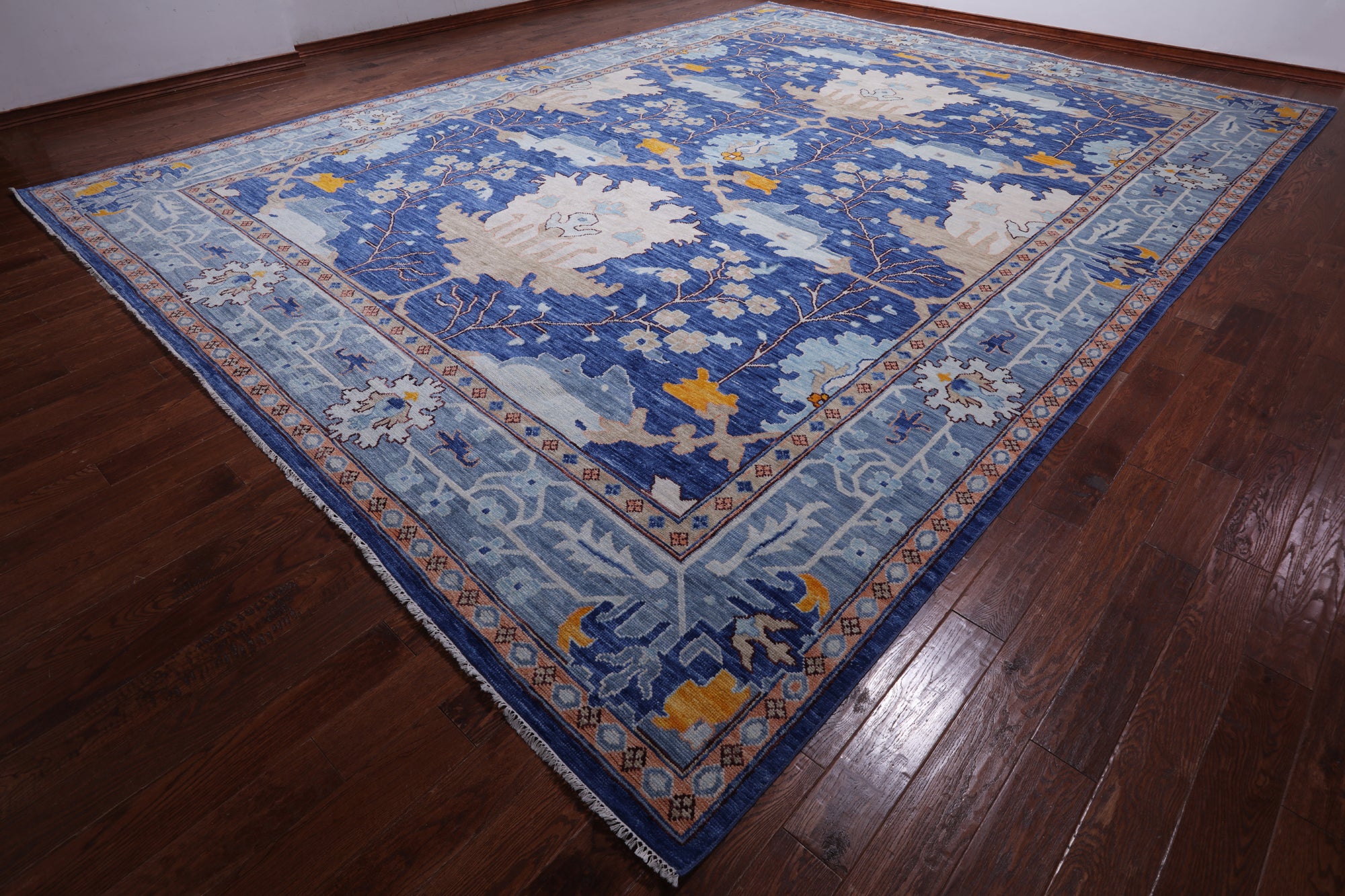Blue Turkish Oushak Hand Knotted Wool Rug - 13' 4" X 17' 7"