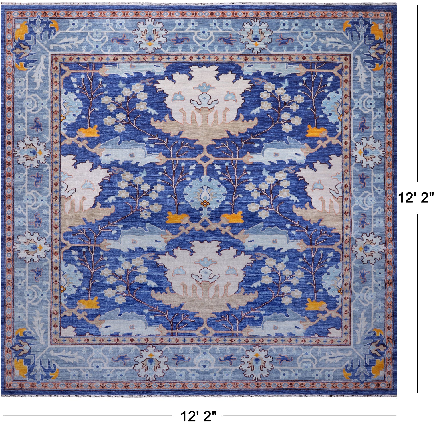 Blue Square Turkish Oushak Hand Knotted Wool Rug - 12' 2" X 12' 2"