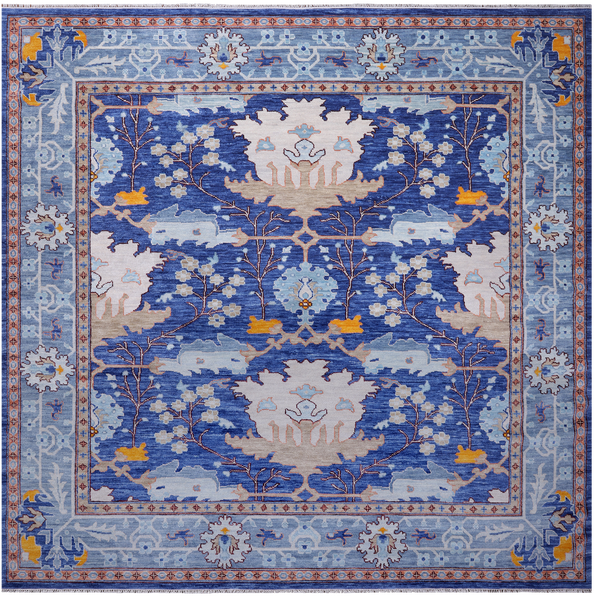Blue Square Turkish Oushak Hand Knotted Wool Rug - 12' 2" X 12' 2"