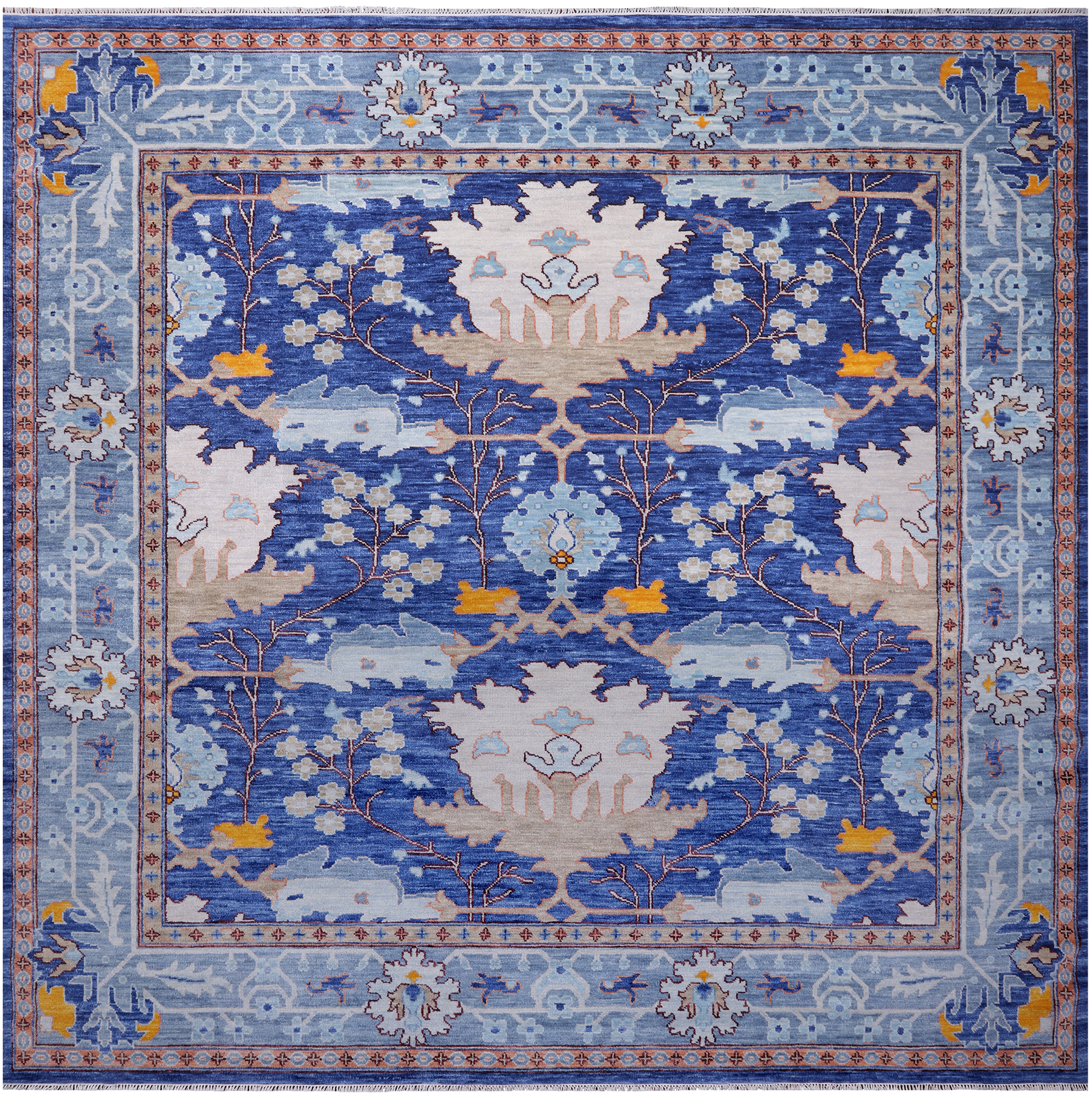 Blue Square Turkish Oushak Hand Knotted Wool Rug - 12' 2" X 12' 2"