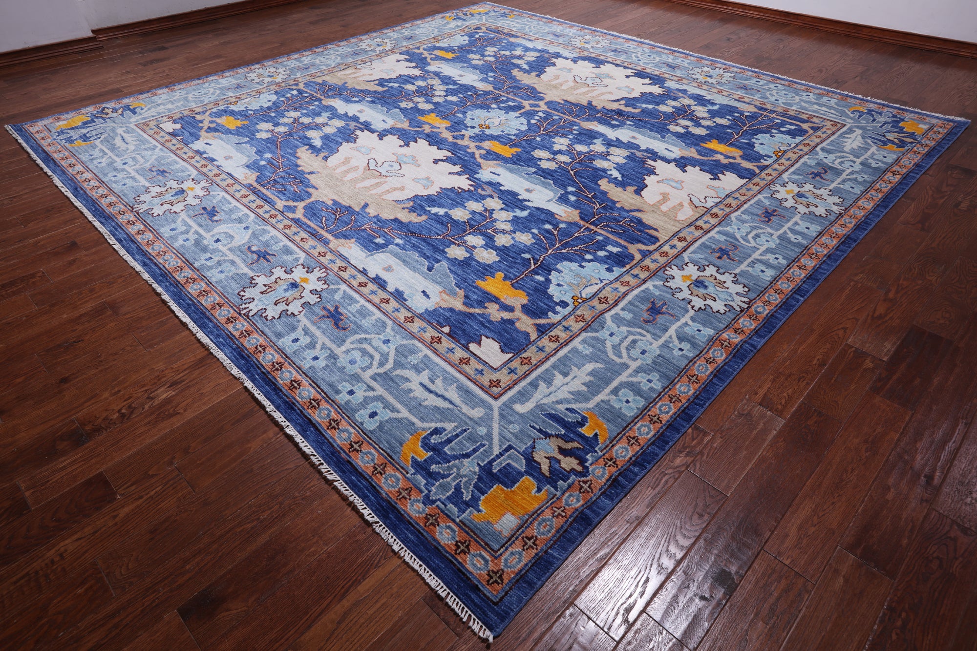 Blue Square Turkish Oushak Hand Knotted Wool Rug - 12' 2" X 12' 2"