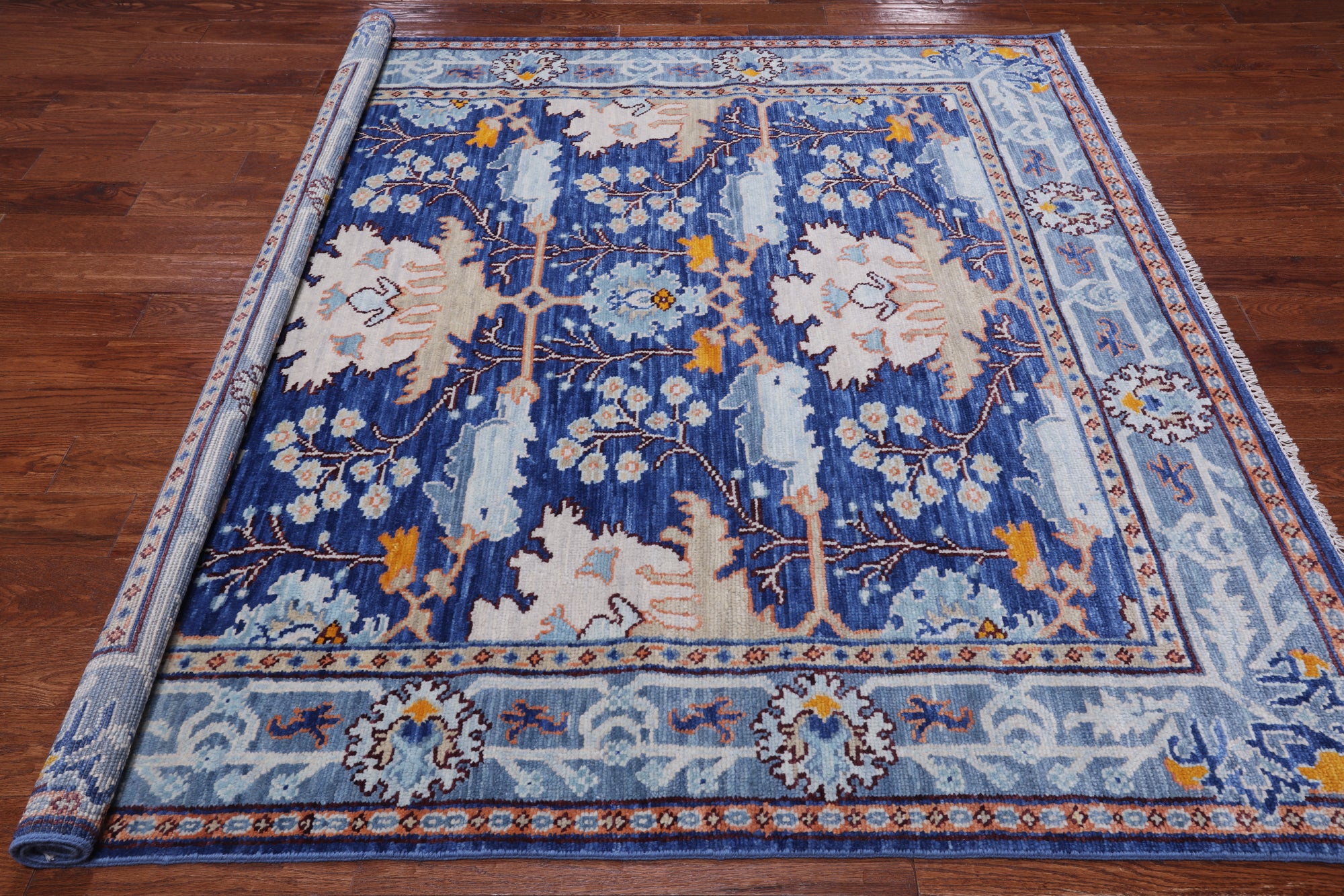Blue Square Turkish Oushak Hand Knotted Wool Rug - 7' 1" X 7' 1"