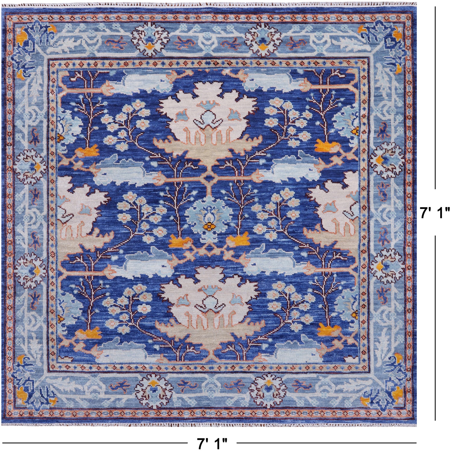 Blue Square Turkish Oushak Hand Knotted Wool Rug - 7' 1" X 7' 1"