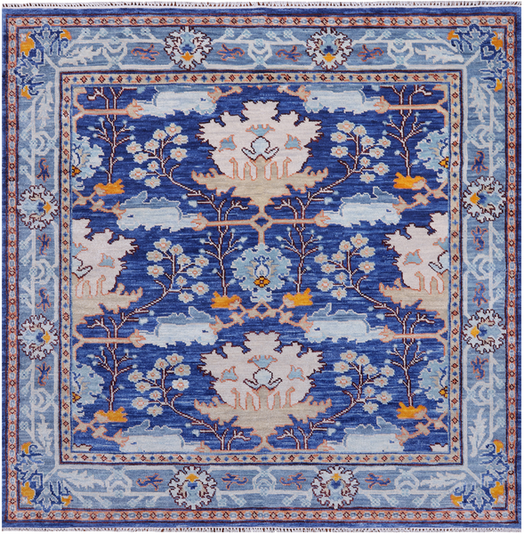 Blue Square Turkish Oushak Hand Knotted Wool Rug - 7' 1" X 7' 1"