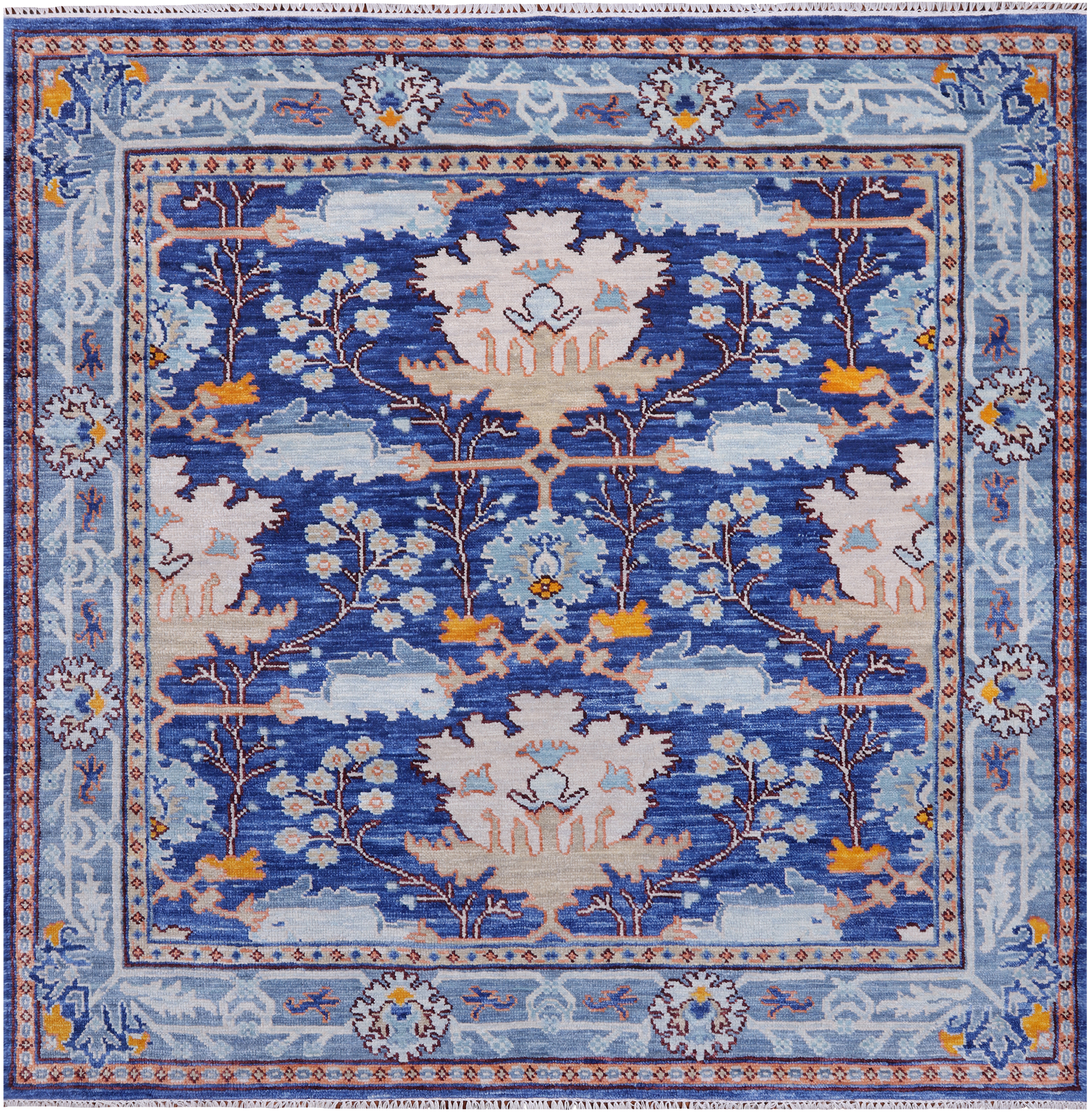 Blue Square Turkish Oushak Hand Knotted Wool Rug - 7' 1" X 7' 1"
