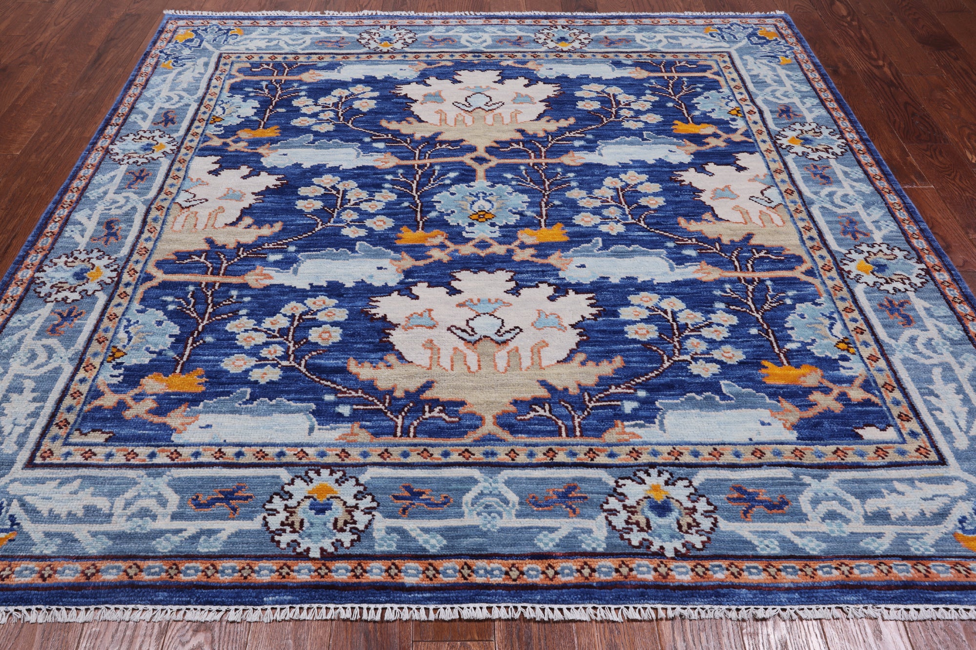 Blue Square Turkish Oushak Hand Knotted Wool Rug - 7' 1" X 7' 1"
