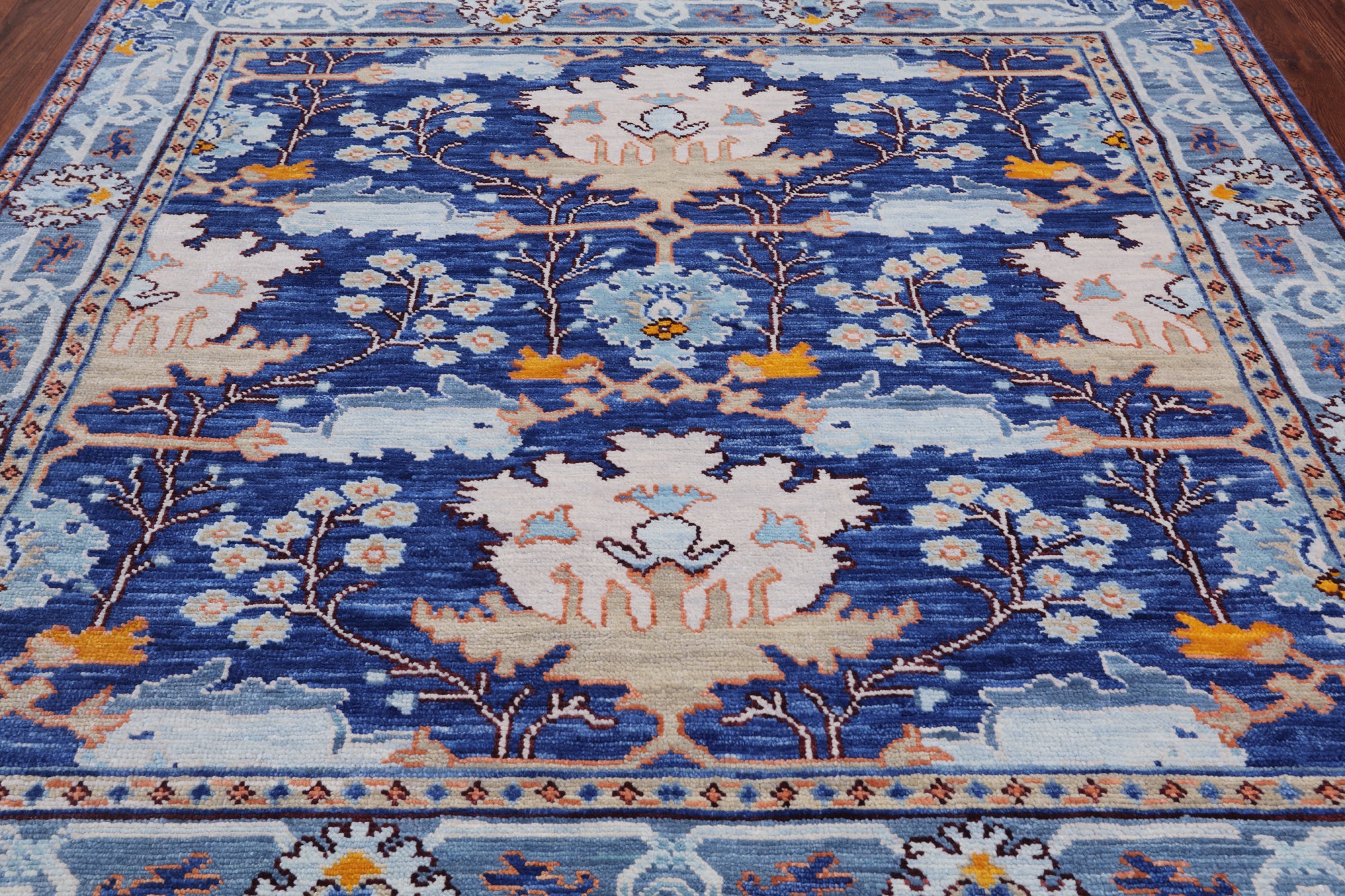 Blue Square Turkish Oushak Hand Knotted Wool Rug - 7' 1" X 7' 1"