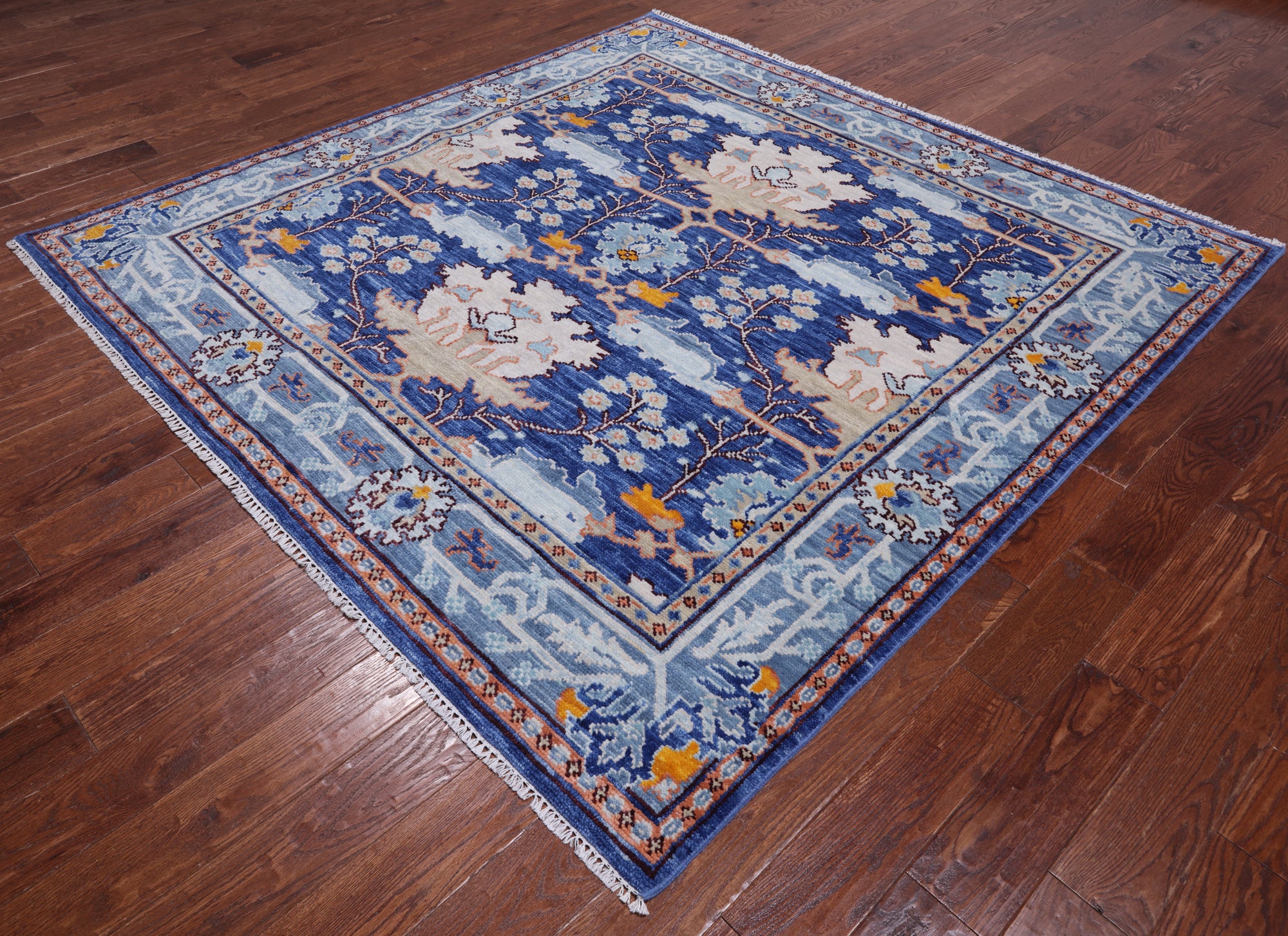 Blue Square Turkish Oushak Hand Knotted Wool Rug - 7' 1" X 7' 1"