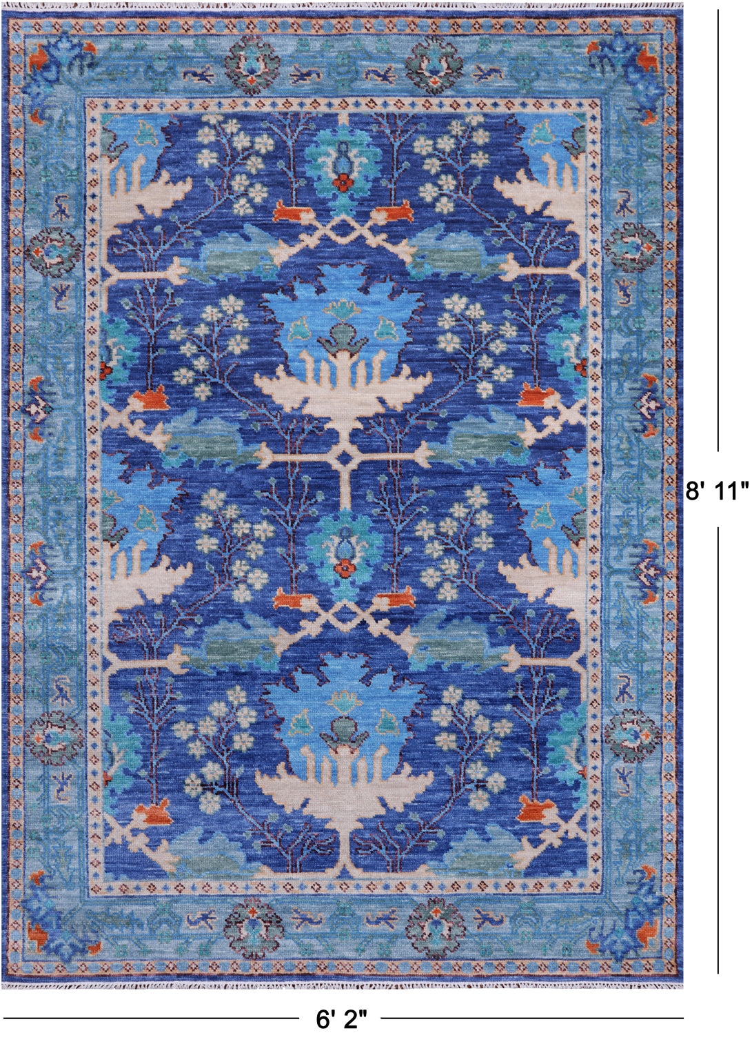 Blue Turkish Oushak Hand Knotted Wool Rug - 6' 2" X 8' 11"