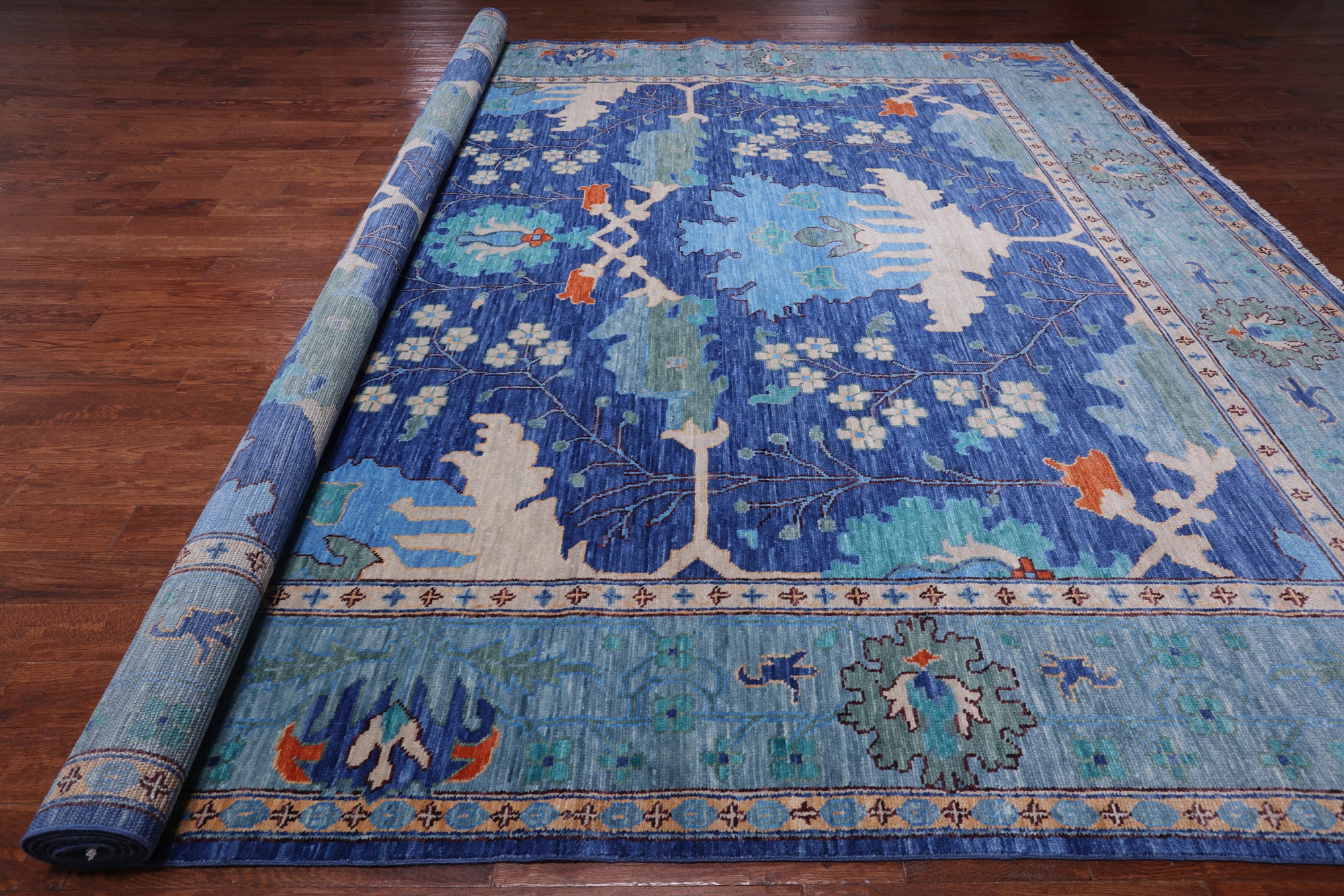Blue Turkish Oushak Hand Knotted Wool Rug - 12' 3" X 15' 2"