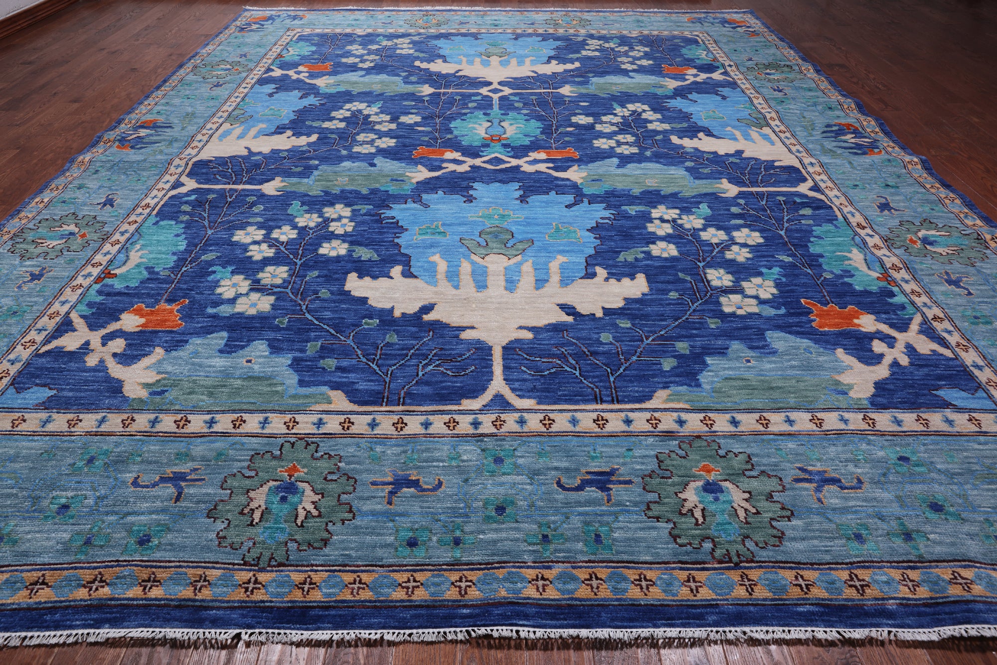 Blue Turkish Oushak Hand Knotted Wool Rug - 12' 3" X 15' 2"