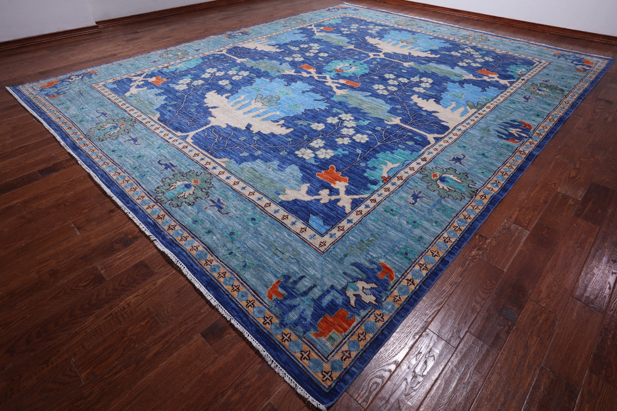 Blue Turkish Oushak Hand Knotted Wool Rug - 12' 3" X 15' 2"