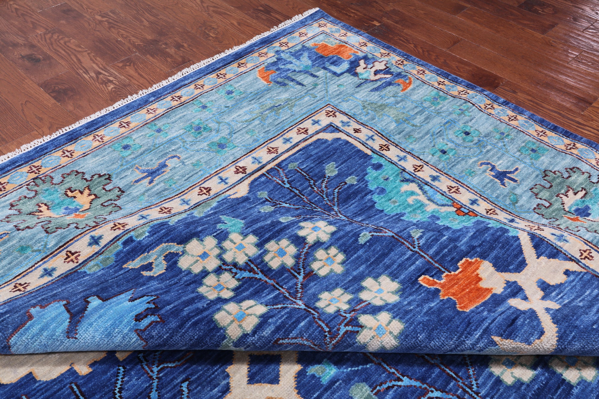 Blue Turkish Oushak Hand Knotted Wool Rug - 12' 3" X 15' 2"