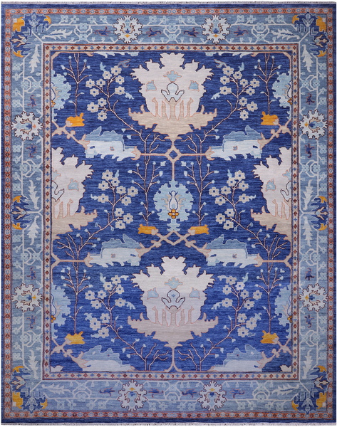 Blue Turkish Oushak Hand Knotted Wool Rug - 12' 2" X 15' 2"