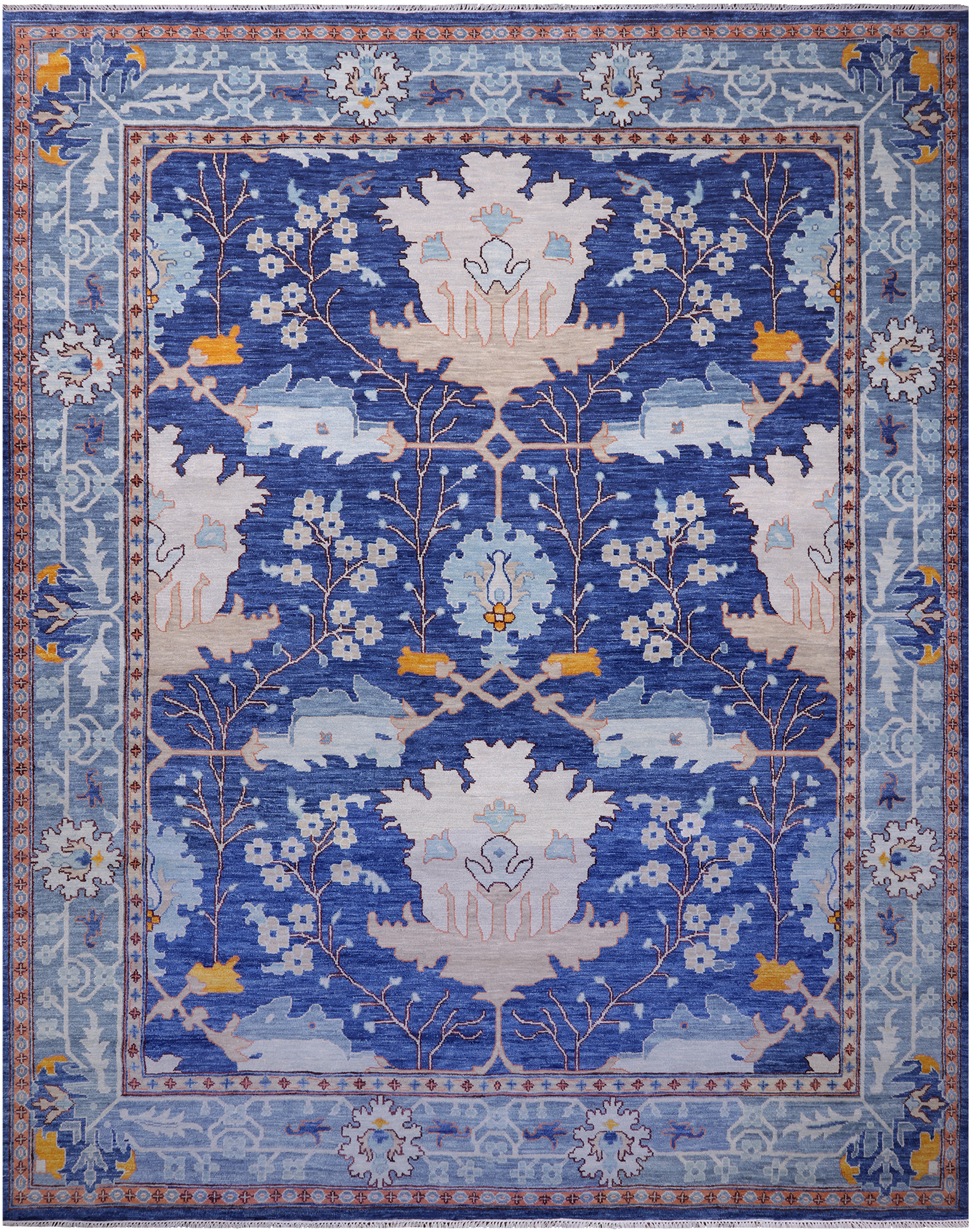Blue Turkish Oushak Hand Knotted Wool Rug - 12' 2" X 15' 2"