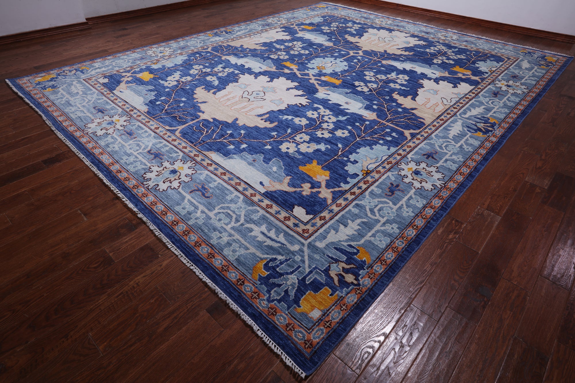 Blue Turkish Oushak Hand Knotted Wool Rug - 12' 2" X 15' 2"