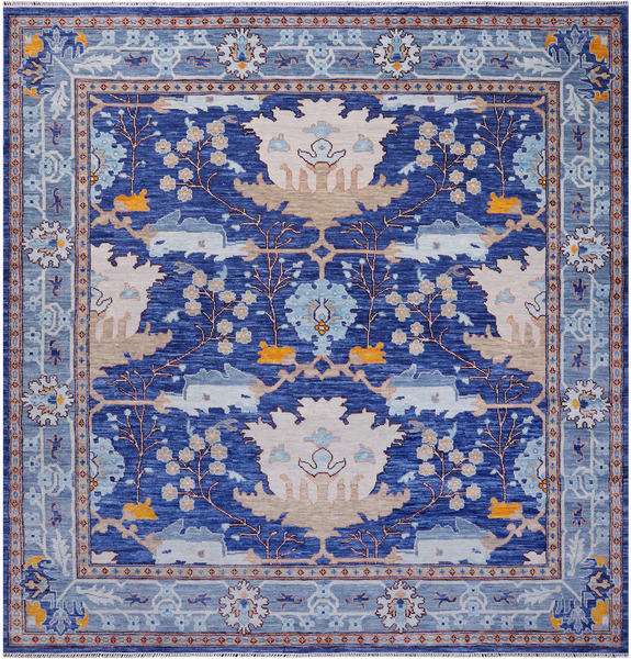 Blue Square Turkish Oushak Handmade Wool Rug - 11' 3" X 11' 3"