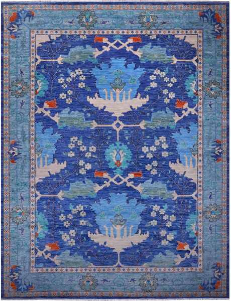 Blue Turkish Oushak Handmade Wool Rug - 13' 2" X 17' 3"