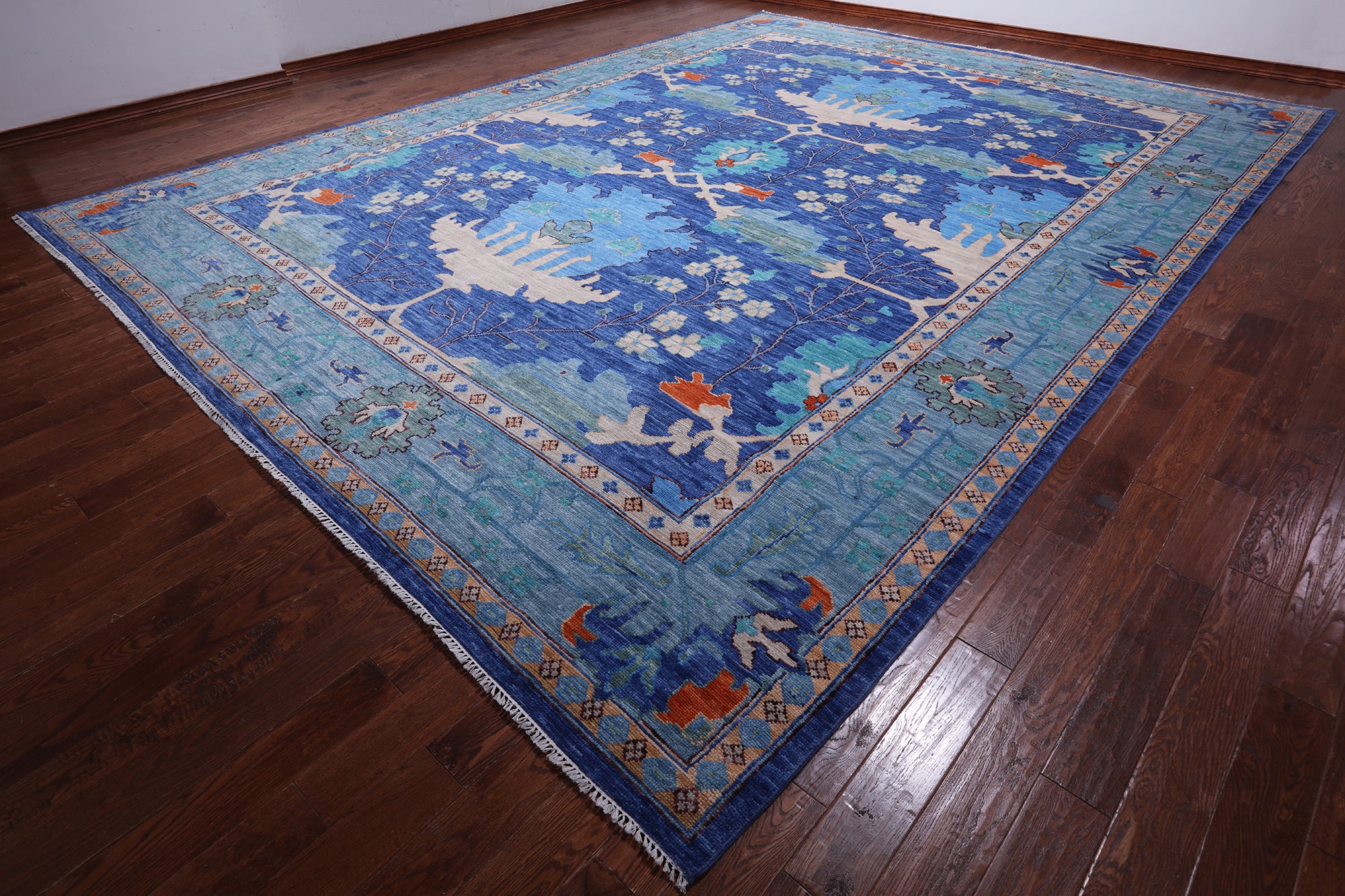 Blue Turkish Oushak Handmade Wool Rug - 13' 2" X 17' 3"